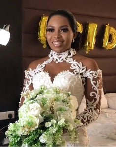 2021 Latest African Mermaid Wedding Dresses Elegant Halter Long Sleeves Lace Appliques Beads Bridal Gowns vestido de noiva