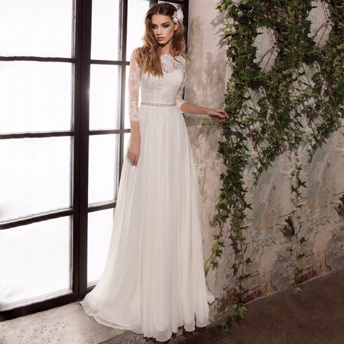 2022 Wedding Dresses Three Quarter Sleeves Top Lace Chiffon Wedding Gowns with Beading Sashes Vestido De Noiva