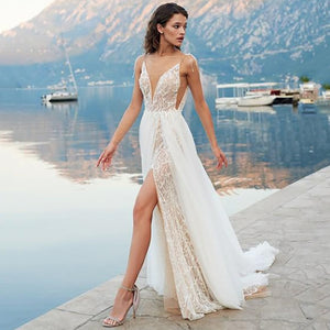 Eightree Beach Boho Wedding Dresses Spaghetti Straps Lace Wedding Gowns Side Split V Neck Bride Dress Vestido De Novia
