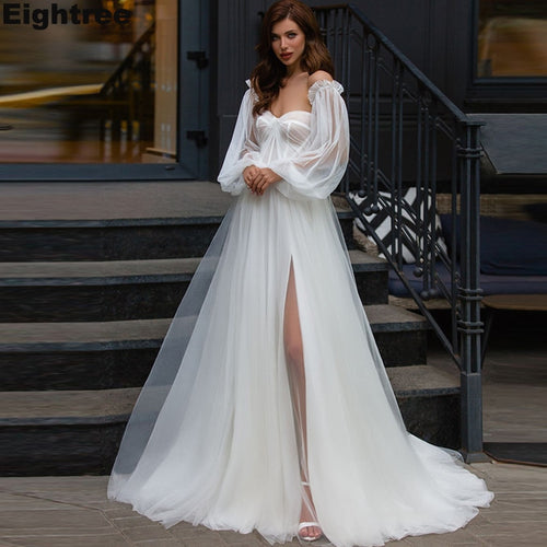 Eightree Side Split Boho Wedding Dresses with Detachable Puff Sleeves Beach A-Line Wedding Gowns Sweetheart Vestidos De Novia
