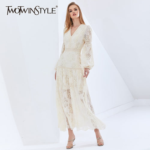 TWOTWINSTYLE Vintage Patchwork Lace Perspective Dress For Female Lantern Sleeves High Waist Oversized Dresses Female New 2022