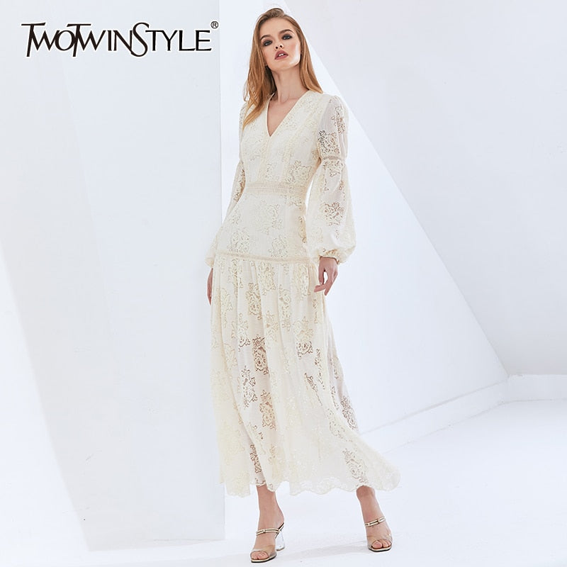 TWOTWINSTYLE Vintage Patchwork Lace Perspective Dress For Female